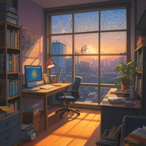 A vibrant and whimsical illustration of a spider weaving a sparkling web in an office environment, sunlight filtering through the window casting playful shadows, the spider adorned with tiny, shimmering jewelry, desk with scattered papers and a computer, lush green plants in the background, a sense of luck and charm, bright and cheerful color palette, 4k