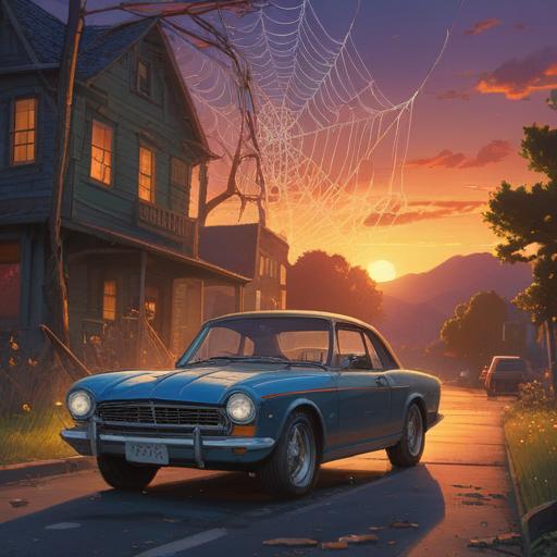 A mysterious scene featuring a spider weaving a shimmering web on the hood of a vintage car, symbolizing the connection between nature and technology, ethereal light illuminating the surroundings, a sense of spirituality and transformation, detailed textures on the spider and car, serene atmosphere, harmonious blend of elements, 4k