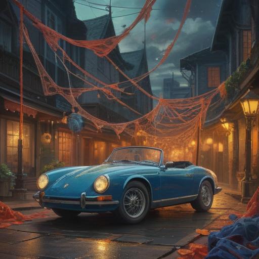 A mystical scene depicting a spider weaving a silk web around an intricately designed car, symbolizing a spiritual connection, soft light illuminating the web, vibrant colors reflecting off the car's surface, a serene forest background enhancing the ambiance, an aura of positive energy and transformation, ethereal elements, 4k