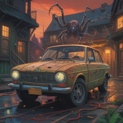 A car with a large spider appearing on the windshield, symbolic of caution and spiritual messages, intricate details of the spider and the vehicle, nature surrounding the scene, soft light filtering through trees, mysterious atmosphere, metaphysical symbolism, 4k