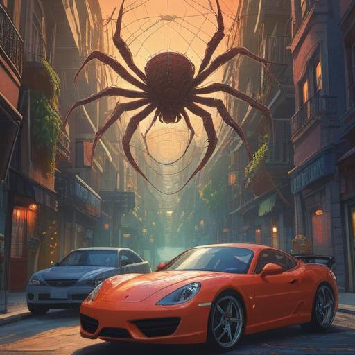 A surreal illustration depicting the relationship between spiders and cars, a giant spider weaving its web over a sleek sports car, glimmering light reflecting off the car’s surface, symbolic lucky items scattered around, vibrant colors, intricate details on the spider and web, urban setting, mystical atmosphere, 4k