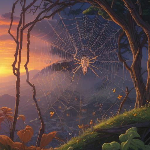 A mystical representation of a spider in its web at dawn, ethereal light filtering through the intricate strands, symbolizing spiritual awakening and the passage of time, delicate dew drops glistening, a serene background with soft colors, representing the early morning tranquility, reflection of nature's cycles, 4k