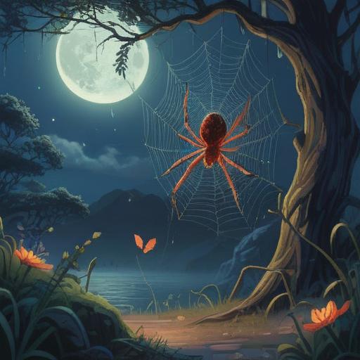 A mystical illustration of a spider weaving a shimmering web under moonlight, symbolizing spiritual guidance, ethereal lights illuminating the scene, surrounded by a serene forest, vibrant and mystical colors, a sense of tranquility and protection, intricate details in the spider and the web, 4k