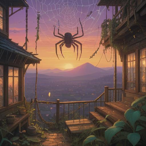 A mystical scene depicting a spider weaving its web, changing colors to reflect different times of the day, morning light illuminating dew-covered strands, twilight shadows creating an ethereal atmosphere, symbolic representation of spiritual warnings, vibrant hues of dawn and dusk, intricate details of the spider's form, 4k
