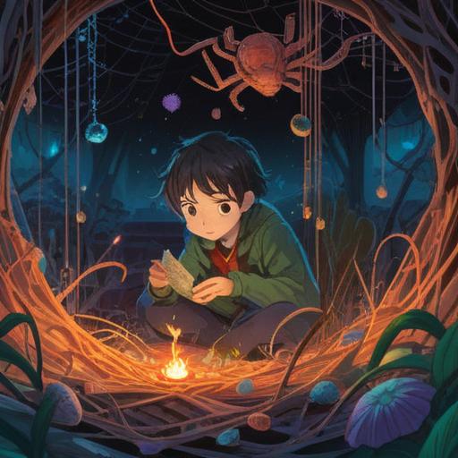 A whimsical illustration of a person discovering a spider, surrounded by shimmering lucky charms, intricate patterns of spider webs, vibrant colors, enchanting forest setting, magical atmosphere, detailed character expressions, 4k