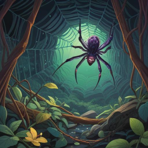 A thought-provoking illustration of a spider weaving a web, intricate patterns symbolizing interconnectedness, a backdrop of a tranquil forest setting, soft light filtering through leaves, a sense of mystery and depth, capturing the essence of messages and meanings conveyed by nature, 4k