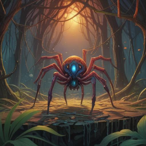 A mystical illustration of a spider and its remains, symbolizing transformation and rebirth, intricate web design, ethereal glow surrounding the skeleton, deep connection to nature and life cycles, surreal atmosphere, detailed textures, contrasting light and shadow, 4k