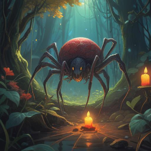 A mystical scene depicting a spider's spiritual remains, surrounded by ethereal light, symbolizing transformation and renewal, vibrant colors, serene atmosphere, nature elements like flowers and leaves, a sense of peace and hope, detailed texture and intricate patterns, 4k
