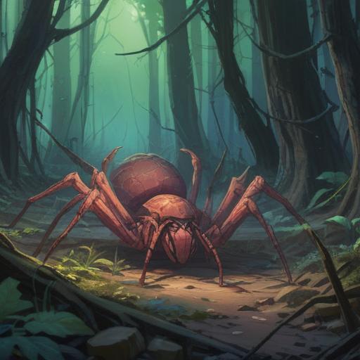 A mysterious scene depicting a spider carcass, surrounded by a dimly lit forest, ethereal light illuminating the surroundings, ancient trees whispering secrets, symbolic elements like feathers and crystals nearby, a sense of caution and reflection in the air, spiritual significance, nature's warning, 4k