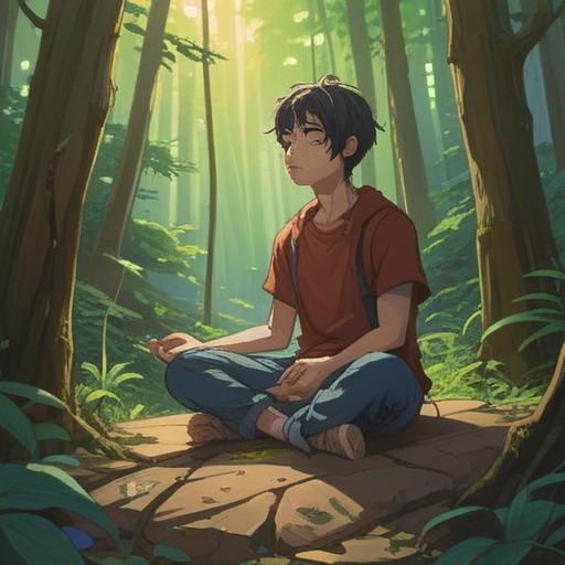 A serene and calming scene depicting a person meditating in a tranquil forest after encountering a spider, surrounded by gentle sunlight filtering through the leaves, a sense of peace and mindfulness, soft focus on the character, soothing colors, nature elements like flowers and flowing water nearby, harmonious atmosphere, 4k