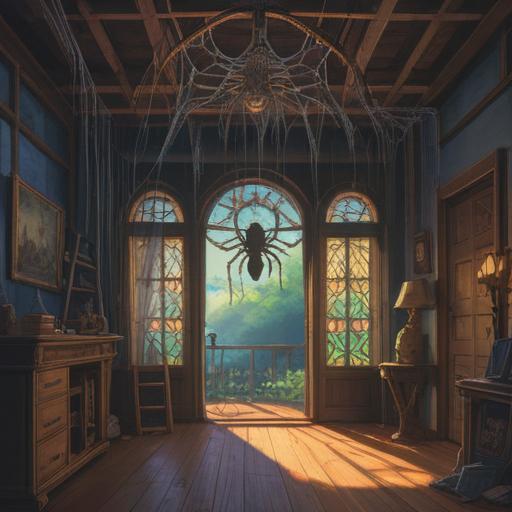 A mystical illustration depicting a spider symbolizing spiritual meaning, intricately woven web at the entrance of a home, ethereal light illuminating the scene, enchanting atmosphere, detailed spider features, warm colors, inviting yet mysterious vibe, connection to nature and spirituality, 4k
