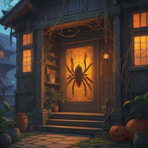 A spiritual illustration of a spider at the entrance of a home, symbolizing protection and good fortune, warm light filtering through an open door, intricate web glistening, serene atmosphere, a sense of harmony and balance, vibrant colors reflecting positivity, inviting scene, mystical aura, 4k
