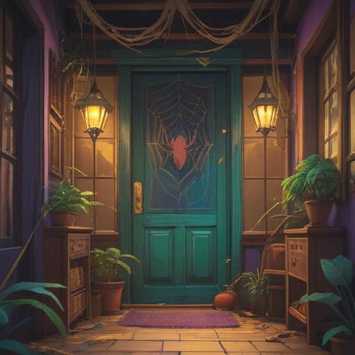 A serene front entrance scene, a spider weaving its web in the corner, symbolic of caution and awareness, soft natural light filtering through, intricate details of the door and surrounding plants, calm atmosphere, hint of spiritual significance, nature's message, 4k