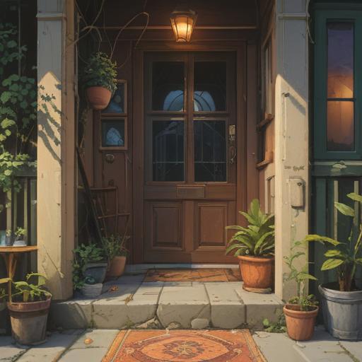 A welcoming entrance with a spider gently perched on a doorstep, symbolizing good luck, cozy home atmosphere, soft sunlight filtering through the doorway, flowers in the garden, a sense of peaceful serenity, detailed textures of the door and surroundings, nature-inspired elements, vibrant colors, 4k