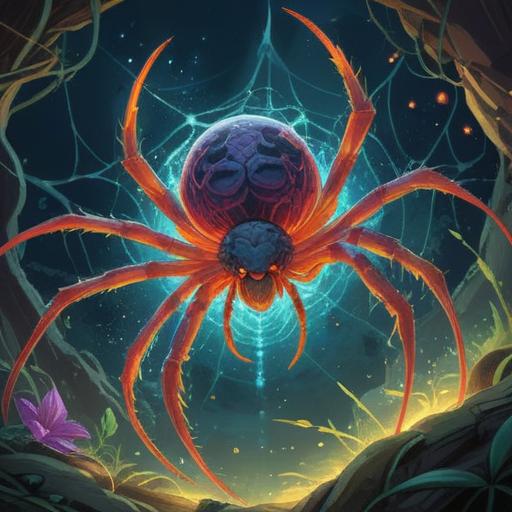 A mystical illustration of a spider symbolizing spiritual significance, entwined with its twin flame, ethereal background, interconnected energies, vibrant colors, elements of nature, harmonious balance, symbolic representation of duality and unity, captivating design, 4k