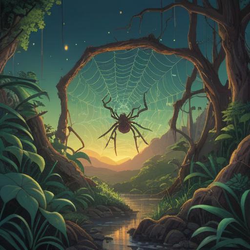 A mystical nature scene featuring a giant, ethereal spider weaving a shimmering web, surrounded by lush greenery and soft light filtering through the leaves, symbols of positivity and spirituality integrated into the web design, vibrant colors, serene atmosphere, enchanting detail, 4k