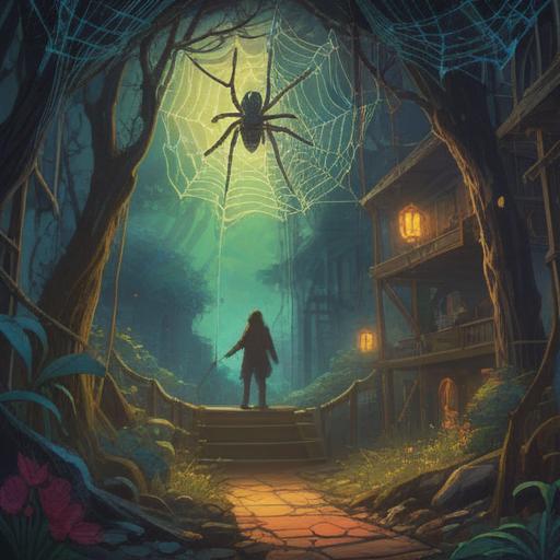 A mystical scene featuring a spider weaving a shimmering web, surrounded by ethereal light, symbolic representations of intuition and transformation, vibrant colors indicating alertness and awareness, a tranquil forest setting with soft rays of sunlight filtering through the trees, delicate details emphasizing the connection between nature and spirituality, reflections of ancient wisdom, 4k