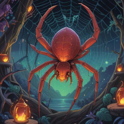 A mystical scene depicting a spider intertwined with twin flames, symbolizing connection and balance, intricate web patterns reflecting luck, soft glowing light illuminating the surroundings, serene nature setting, ethereal atmosphere, harmonious colors, 4k