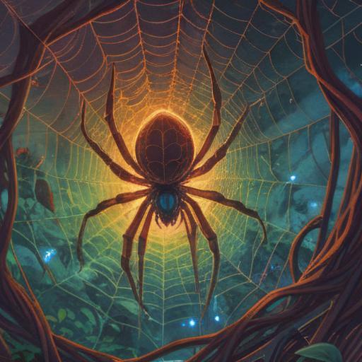 A surreal illustration of a spider weaving an intricate web, symbolizing the deep connection of twin flames, ethereal light illuminating the web, spiritual energy flowing between two silhouettes, mystical forest background, soft focus, dreamlike atmosphere, harmonious colors, 4k