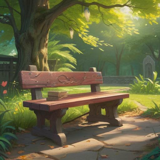 A serene and contemplative scene depicting a forgotten item on a wooden bench in a tranquil park, sunlight filtering through the leaves, symbols of spirituality subtly incorporated, a gentle breeze rustling the trees, a feeling of peace and connection, ethereal glow surrounding the item, inspiring a sense of reflection and insight, 4k
