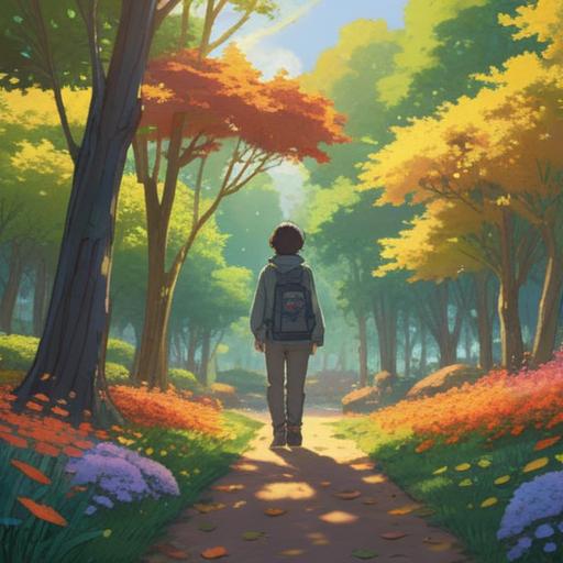 A serene illustration of a person walking through a quiet park, sunlight filtering through the trees, a small flower blooming on the ground, subtle symbols of luck like a four-leaf clover and a ladybug nearby, a peaceful expression on the person's face, vibrant colors, enchanting atmosphere, hint of magic in the air, inviting environment, 4k