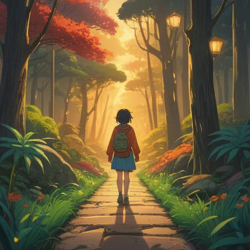 A serene and introspective scene, a person standing on a path illuminated by soft golden light, surrounded by gentle nature, reflective expression, symbolic elements like butterflies and blooming flowers, representing growth and transformation, peaceful atmosphere, hints of spirituality, 4k