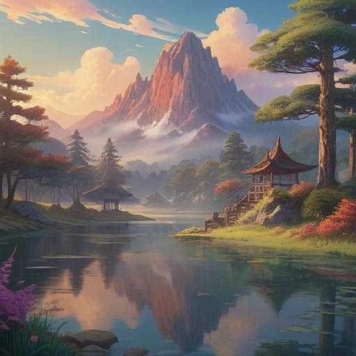 A serene landscape depicting a sacred mountain, ethereal light illuminating the peak, ancient trees surrounding a tranquil pond, mystical mist hovering above, vibrant wildflowers symbolizing spiritual growth, soft sunlight filtering through the foliage, harmonious balance between nature and spirituality, peaceful atmosphere, 4k
