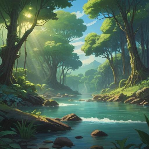 A spiritual landscape featuring a serene location, lush greenery, gentle flowing river, glowing sunlight filtering through trees, mystical symbols in the air, harmonious atmosphere, sense of peace and tranquility, inviting energy, 4k
