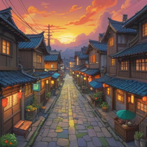 A serene landscape featuring a picturesque town, symbolic representations of fortune and luck, elements like lucky charms and bright colors, pathways leading to success, natural beauty intertwined with prosperity themes, calming atmosphere, harmonious balance between nature and urban life, inviting and uplifting scene, 4k