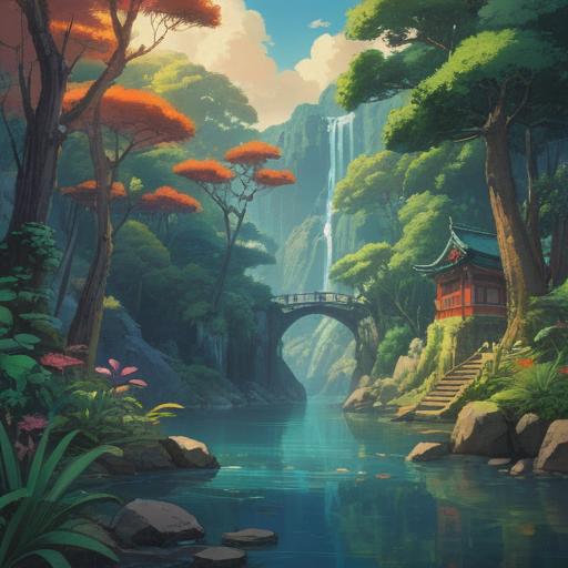 A mystical scene illustrating the secrets of enhancing fortune through a geographical location, scenic landscape, vibrant colors, lush greenery, a serene river flowing through, traditional houses aligning the banks, wise figures meditating, harmonious energy, symbolic elements representing luck, inviting atmosphere, 4k
