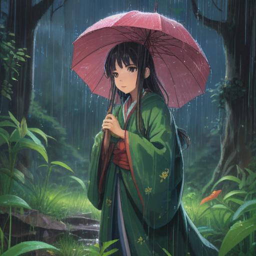 A serene scene depicting a traditional ground-breaking ceremony (jichinsai) under a gentle rain, lush green surroundings, soft raindrops falling on ceremonial tools and offerings, spiritual ambiance, traditional Japanese architecture in the background, people in traditional attire performing rituals, harmonious connection with nature, calm and reflective atmosphere, vivid colors, intricate details capturing the essence of spirituality, 4k