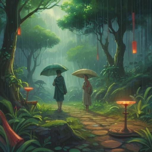 A serene scene depicting a traditional ground-breaking ceremony under gentle rain, lush greenery surrounding the participants, spiritual symbols in the air, sense of tranquility and blessing, soft raindrops cascading, vibrant yet soothing colors, harmonious atmosphere, detailed cultural attire, 4k