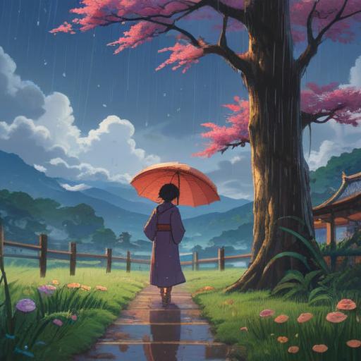 A serene Japanese ground-breaking ceremony scene, gentle rain falling from a cloudy sky, spiritual symbols subtly appearing in the atmosphere, participants dressed in traditional clothing, focused expressions as they pay respect, lush greenery surrounding the area, tranquil ambiance, cultural significance of shinto rituals, 4k