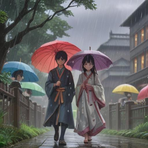 A serene scene of a groundbreaking ceremony, gentle rain falling from a soft gray sky, participants dressed in traditional attire, umbrellas with vibrant colors, a table with lucky items such as rice, salt, and sake, lush greenery surrounding the area, a sense of calm and blessing, 4k
