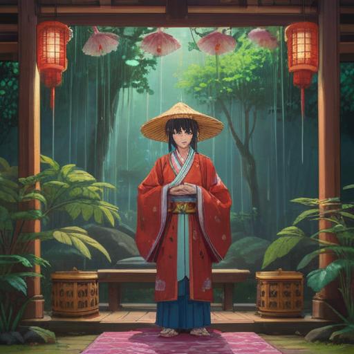 A serene Shinto ritual scene, gentle rain falling softly on a traditional altar, locals dressed in colorful ceremonial garments, lush greenery surrounding the area, offerings of rice and sake neatly arranged, a feeling of tranquility and connection to nature, symbolism of rain as a blessing, cultural significance of the ground-breaking ceremony, harmonious atmosphere, 4k