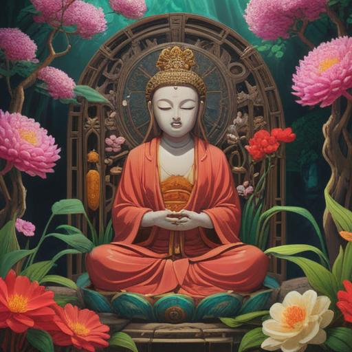 A serene and tranquil scene depicting Jizo Bodhisattva, surrounded by vibrant flowers and gentle light, representing spiritual protection and guidance, intricate details on the statue, peaceful atmosphere, subtle expressions of compassion, lush greenery in the background, perfect harmony, 4k