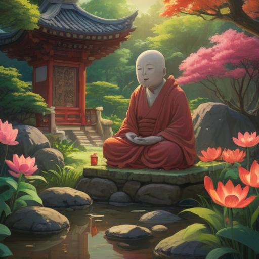 A serene scene depicting a Jizo Bosatsu statue in a tranquil garden, surrounded by soft, glowing light, vibrant flowers and lush greenery, the statue radiating a calming energy, gentle expressions on the face of the Jizo, representing spiritual guidance and protection, nature's harmony, inviting atmosphere, 4k