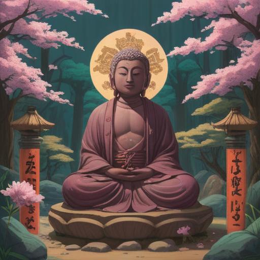 A serene illustration of Jizo Bodhisattva surrounded by subtle spiritual symbols, peaceful garden setting with cherry blossoms, gentle light filtering through the trees, serene expression on Jizo's face, ethereal glow, harmonious colors, inviting atmosphere, mystical aura, 4k