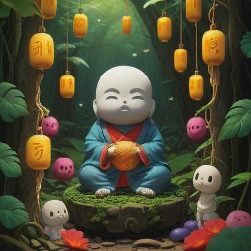 A serene image of a Jizo statue surrounded by colorful lucky charms, soft sunlight filtering through lush greenery, gentle breeze swaying the charms, vibrant colors representing luck and prosperity, peaceful atmosphere, detailed textures on the statue and charms, 4k
