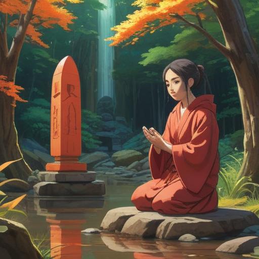 A serene scene depicting a person contemplating in front of a Jizo statue, peaceful expression reflecting mindfulness, gentle sunlight filtering through trees, harmonious surroundings, symbolic representation of compassion and guidance, everyday life infused with spiritual wisdom, calm and reflective atmosphere, 4k
