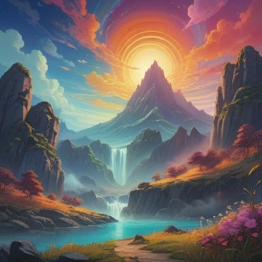 A surreal dreamscape depicting a serene landscape shaking gently, vibrant colors, symbolic elements representing spiritual signs like light beams and ethereal creatures, a meditative figure observing the scene, mystical atmosphere, the contrast between chaos and tranquility, 4k