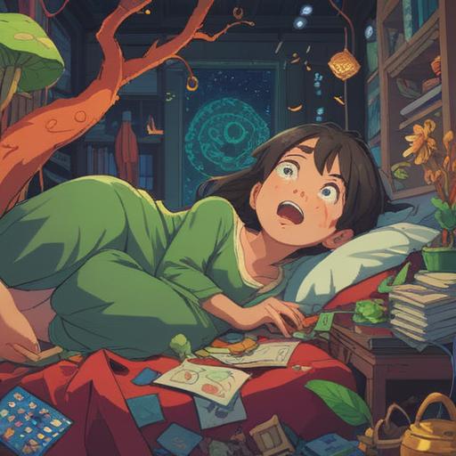 A surreal illustration of a person waking up with a smile after dreaming of an earthquake, surrounded by lucky items like a four-leaf clover, a rabbit's foot, and golden coins, vibrant colors, dreamlike atmosphere, whimsical details, expressive facial expression, hopeful energy, 4k