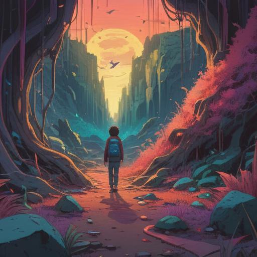 A surreal dreamscape featuring a person waking up in a chaotic environment, symbolic tremors rippling through the ground, fragments of broken buildings scattered, a glowing aura surrounding the character, ethereal shadows representing emotions, mystical symbols in the air, vivid colors, sense of unease and awareness, 4k