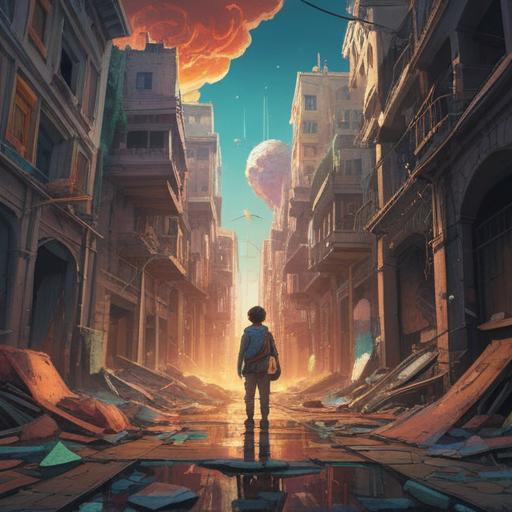 A surreal dreamscape depicting a person standing amidst shattered buildings, vibrant pathways emerging from the ruins, symbolic representations of learning and growth, soft light illuminating the scene, a hint of hope and resilience, metaphorical signs pointing towards self-improvement, emotional undertones of reflection and transformation, 4k