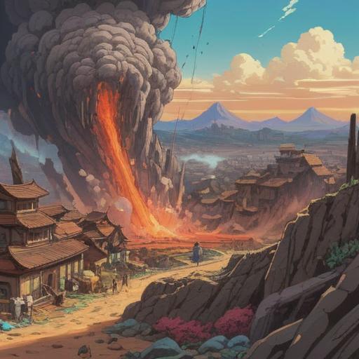 A surreal landscape depicting a powerful earthquake occurring on New Year's Day, spiritual symbolism intertwined in the scene, cracked earth revealing hidden energies, traditional Japanese elements like torii gates and cherry blossoms, a rising sun illuminating the chaos, ethereal glow surrounding the fractures, contrasting tranquility of New Year's celebrations in the background, 4k