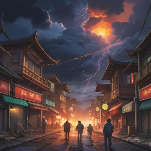 A spiritual warning depicted on New Year's Day, a dramatic scene of an earthquake shaking the ground, dark clouds gathering overhead, people expressing shock and concern, traditional New Year's decorations scattered, an ominous atmosphere, symbolic elements representing fate and the unseen, 4k