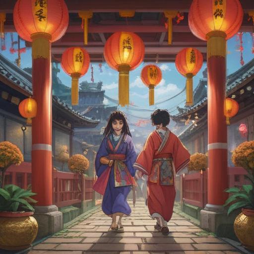 A vibrant illustration depicting a traditional Japanese New Year's celebration, a beautiful Good Luck charm influenced by an earthquake theme, people exchanging auspicious greetings, colorful decorations, symbols of prosperity and safety, soft sunlight illuminating the scene, festive atmosphere, a blend of rich cultural elements, 4k