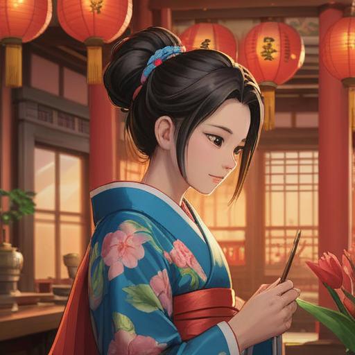 A serene and motivational illustration depicting a traditional Japanese New Year's celebration, soft light filtering through a temple, people in kimonos, vibrant decorations symbolizing good fortune, the first sunrise of the year in the background, emphasis on renewal and positive energy, a sense of hope and new beginnings, detailed elements of nature, 4k