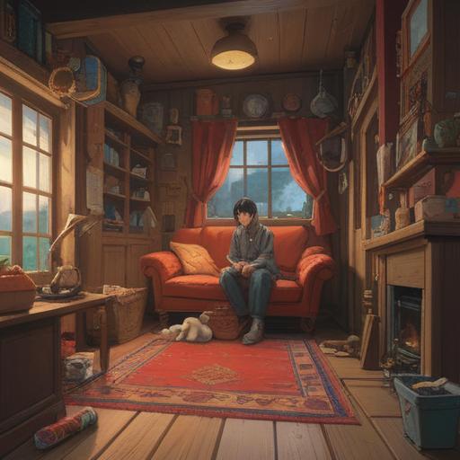 A cozy scene depicting a person returning home with various heartfelt items, warm colors, subtle details, nostalgic aura, traditional family setting, rich textures, emotional connections, cultural heritage, 4k