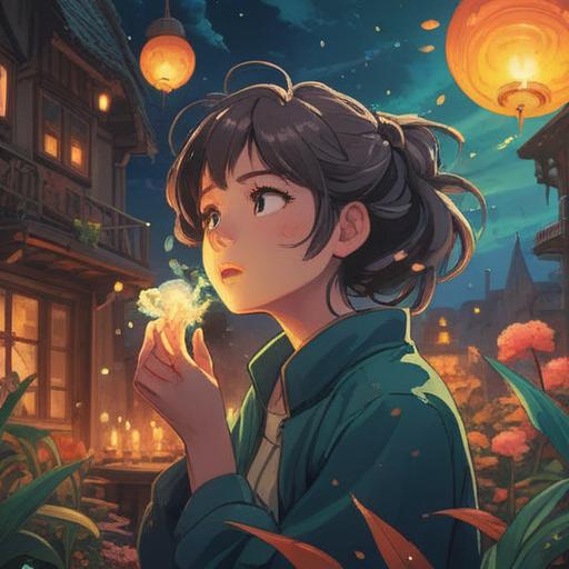 A calming scene depicting a person inhaling soothing essential oils, serene environment, soft lighting, visually represented scent swirling in the air, gentle expression of relief on their face, surrounded by calming plants, hint of lavender and eucalyptus in the atmosphere, 4k